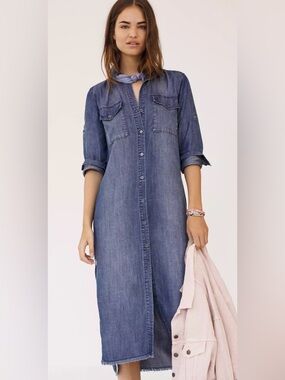 Cloth & Stone Ginevra Chambray Maxi Shirtdress Long Sleeve Tencel Denim Dress
